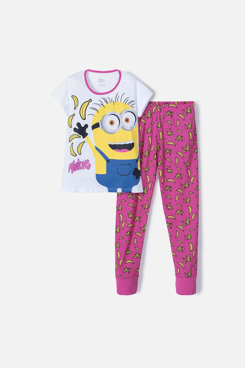 PIJAMA DE MINIONS CON PANTALÓN LARGO BLANCO Y FUCSIA PARA NIÑA