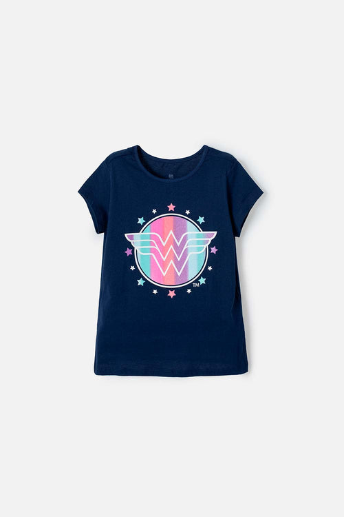 CAMISETA DE WONDER WOMAN MANGA CORTA  AZUL PARA NIÑA