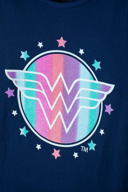 CAMISETA DE WONDER WOMAN MANGA CORTA  AZUL PARA NIÑA