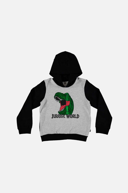 BUZO DE JURASSIC WORLD CON CAPUCHA NEGRO Y GRIS PARA NIÑO