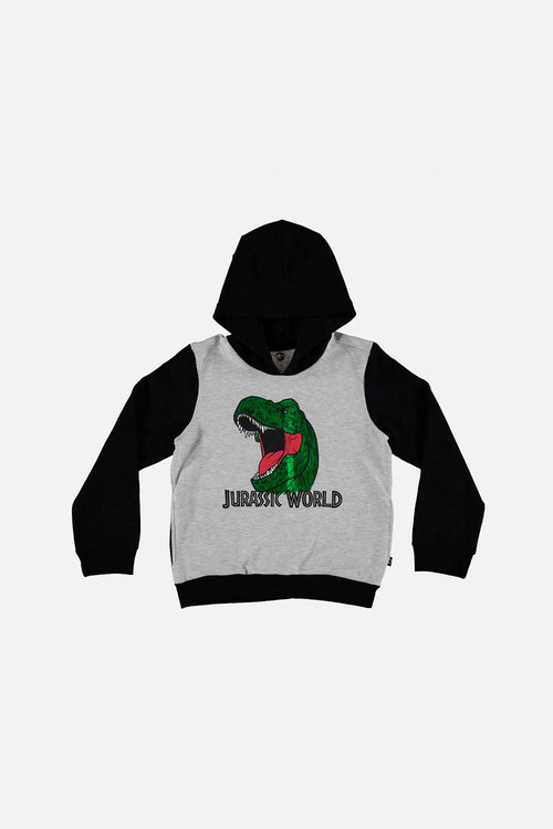 BUZO DE JURASSIC WORLD CON CAPUCHA NEGRO Y GRIS PARA NIÑO