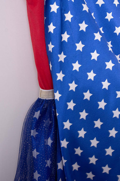 VESTIDO DE WONDER WOMAN CON CAPA DE ESTRELLAS REMOVIBLE PARA NIÑA