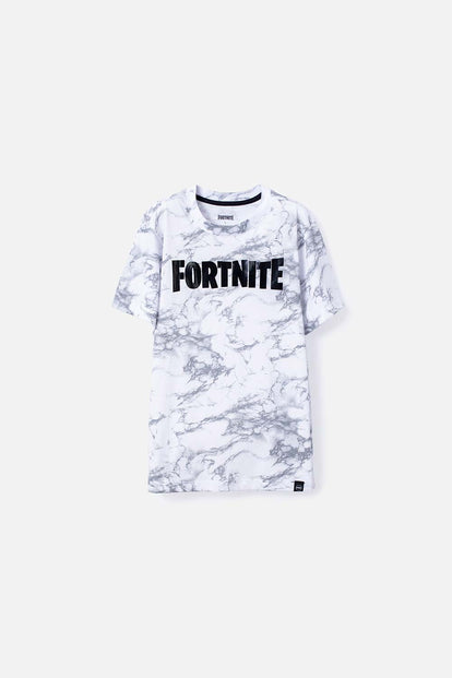 CAMISETA DE FORTNITE MANGA CORTA BLANCA Y GRIS PARA NIÑO