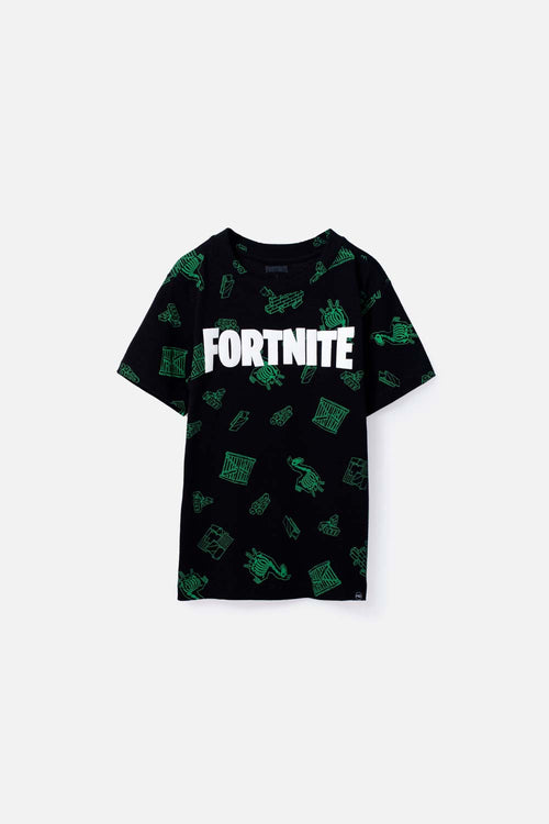 BOY'S BLACK AND GREEN SHORT-SLEEVED FORTNITE T-SHIRT