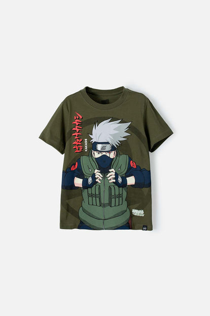 CAMISETA DE NARUTO CUELLO REDONDO VERDE MILITAR PARA TEEN NIÑO