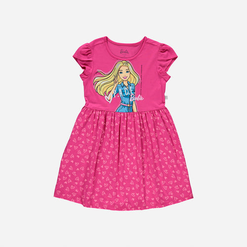 VESTIDO DE NIÑA,MANGA CORTA FUCSIA DE BARBIE