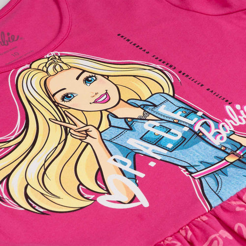 VESTIDO DE NIÑA,MANGA CORTA FUCSIA DE BARBIE