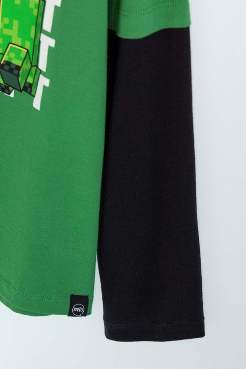 CAMISETA DE MINECRAFT VERDE Y NEGRA MANGA LARGA PARA NIÑO