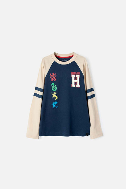 CAMISETA DE HARRY POTTER CAQUI Y AZUL OSCURA MANGA LARGA PARA NIÑO