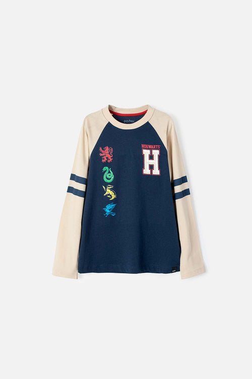 CAMISETA DE HARRY POTTER CAQUI Y AZUL OSCURA MANGA LARGA PARA NIÑO