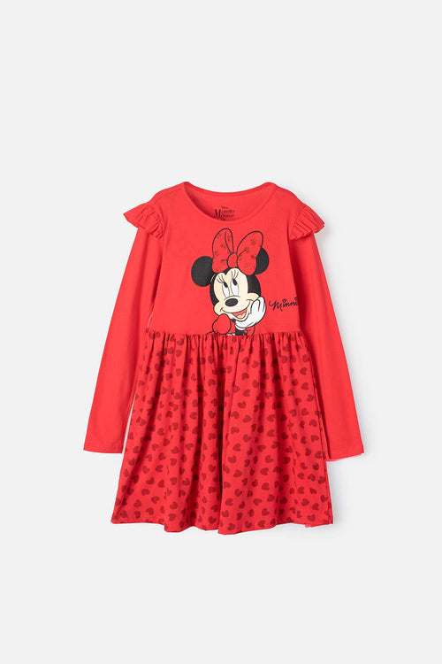 VESTIDO DE MINNIE MOUSE MANGA LARGA ROJO PARA NIÑA