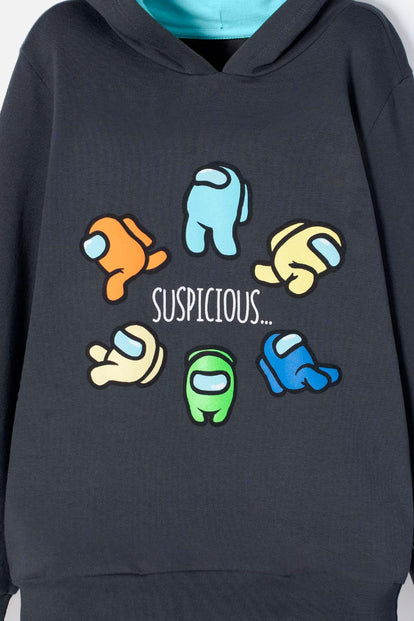 BUZO DE AMONG US CERRADO CON CAPUCHA, GRIS DE NIÑO