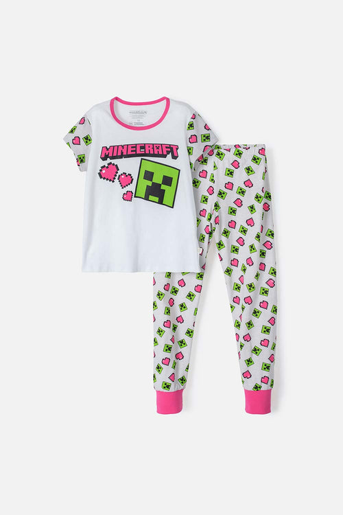 MINECRAFT LONG PAJAMAS WHITE, FUCHSIA AND GREY FOR GIRLS