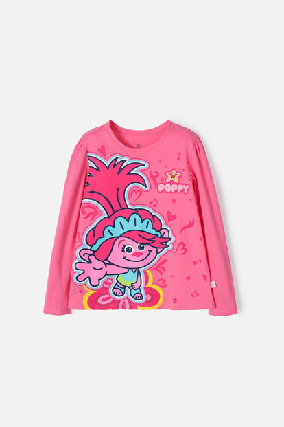 CAMISETA DE TROLLS ROSADA MANGA LARGA PARA NIÑA