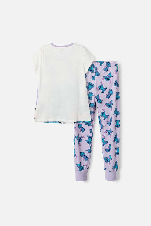 PIJAMA DE STITCH DE PANTALÓN LARGO MARFIL Y LILA PARA NIÑA