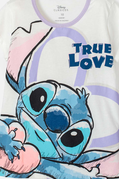 PIJAMA DE STITCH DE PANTALÓN LARGO MARFIL Y LILA PARA NIÑA