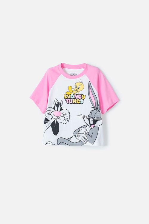 GIRL'S WHITE AND PINK LOONEY TUNES SHORT SLEEVE T-SHIRT