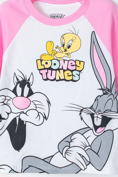 CAMISETA DE LOONEY TUNES MANGA CORTA BLANCO Y ROSADO PARA NIÑA