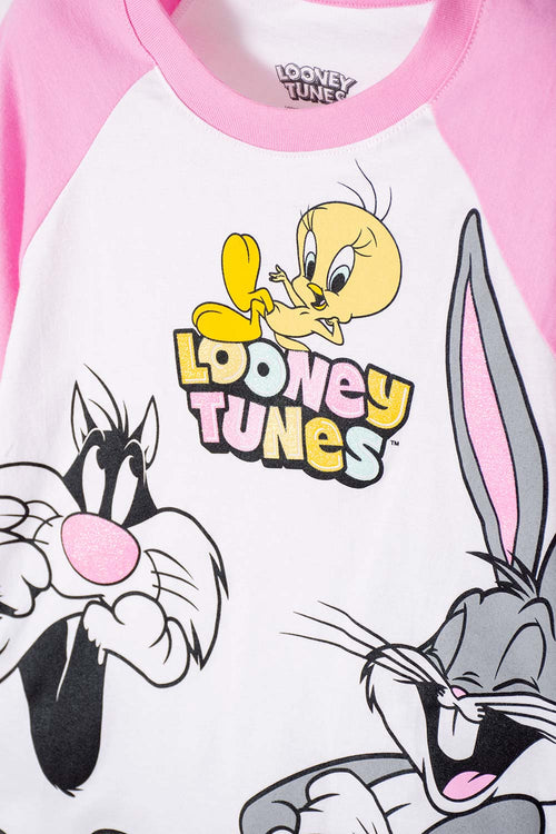 GIRL'S WHITE AND PINK LOONEY TUNES SHORT SLEEVE T-SHIRT