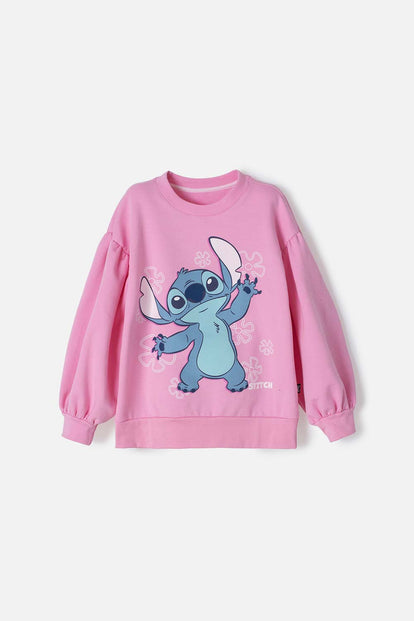 BUZO DE LILO Y STITCH ROSADO DE CUELLO REDONDO PARA NIÑA