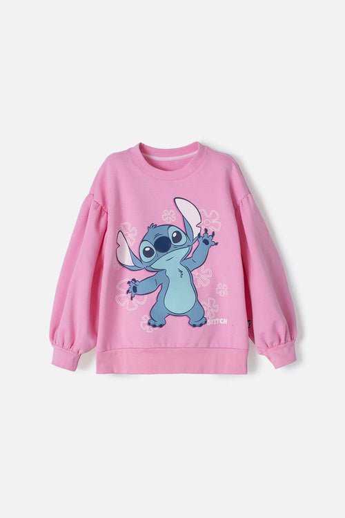 BUZO DE LILO Y STITCH ROSADO DE CUELLO REDONDO PARA NIÑA