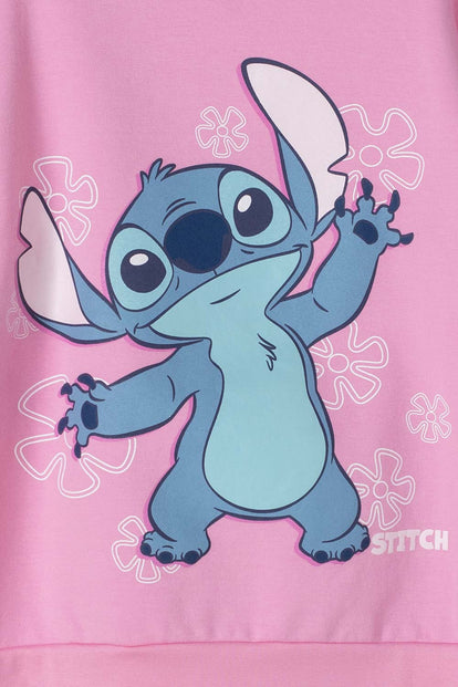 BUZO DE LILO Y STITCH ROSADO DE CUELLO REDONDO PARA NIÑA