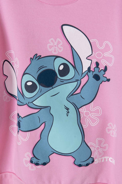 BUZO DE LILO Y STITCH ROSADO DE CUELLO REDONDO PARA NIÑA