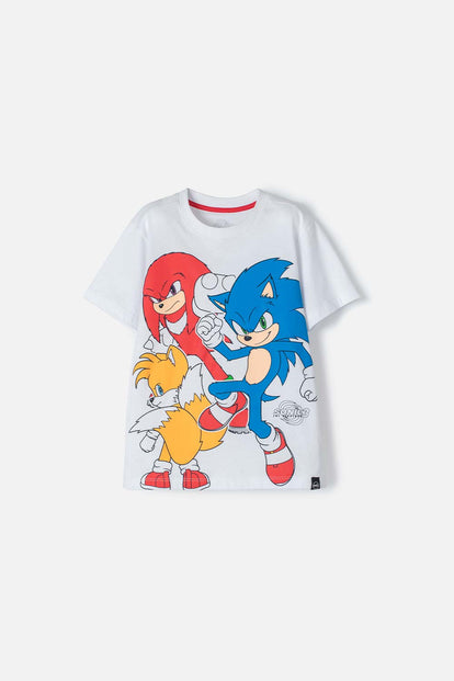 CAMISETA DE SONIC BLANCA Y ROJA ESTAMPADA EN FRENTE PARA NIÑO