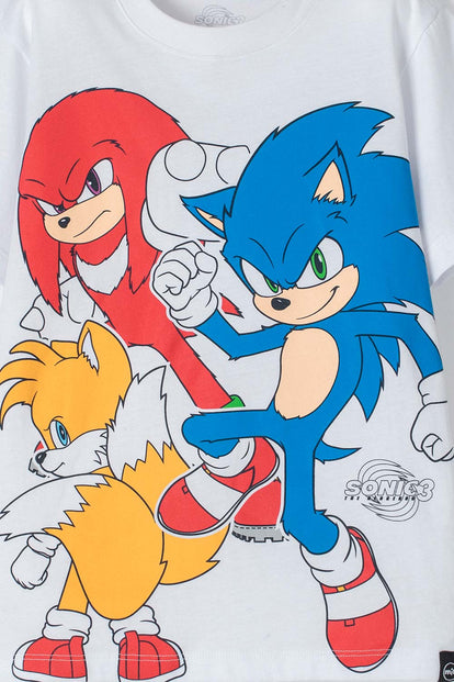 CAMISETA DE SONIC BLANCA Y ROJA ESTAMPADA EN FRENTE PARA NIÑO