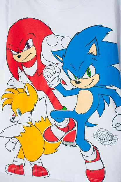 CAMISETA DE SONIC BLANCA Y ROJA ESTAMPADA EN FRENTE PARA NIÑO