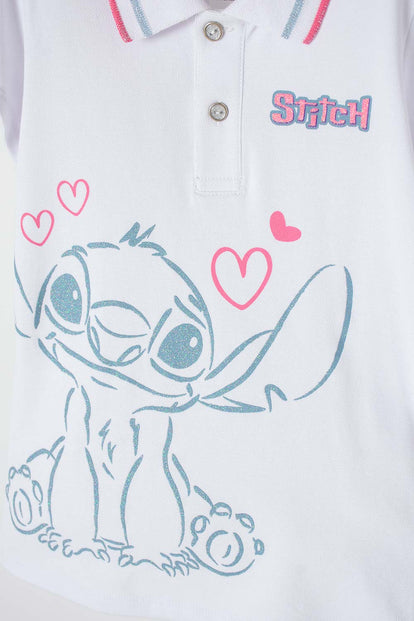 CAMISETA TIPO POLO DE STITCH BLANCA TIPO POLO PARA NIÑA