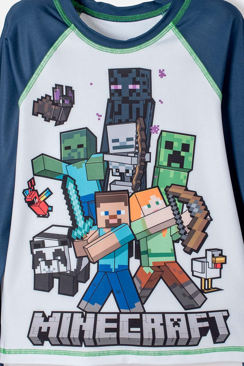 CAMISETA DE BAÑO DE MINECRAFT AZUL Y BLANCA MANGA LARGA PARA NIÑO