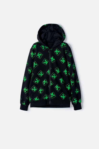 BUZO DE MINECRAFT NEGRO Y VERDE CON CAPUCHA PARA NIÑO