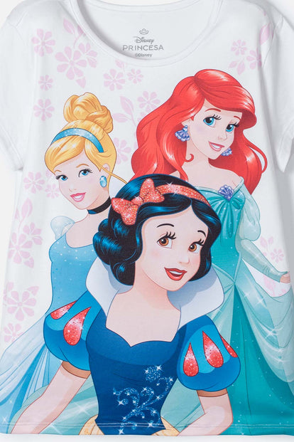 CAMISETA DE PRINCESAS DISNEY BLANCA MANGA CORTA PARA NIÑA