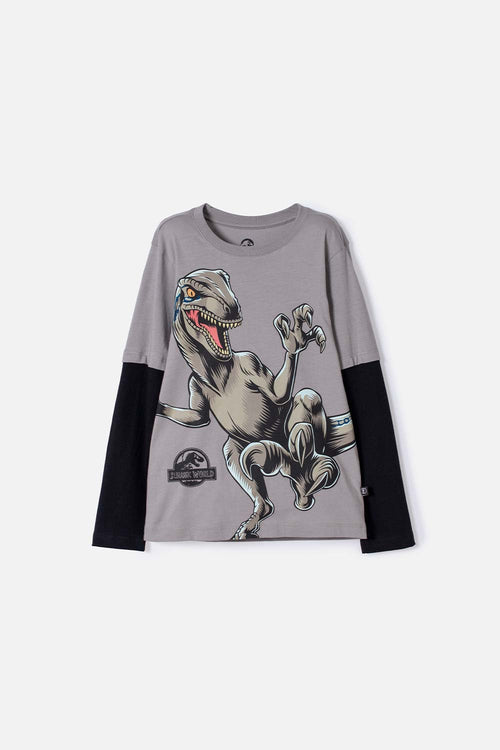 BOY'S JURASSIC WORLD GRAY AND BLACK DOUBLE-SLEEVE T-SHIRT