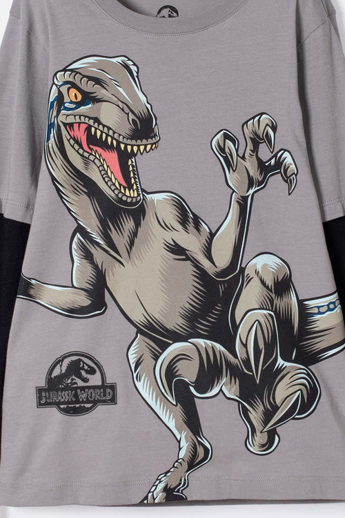 BOY'S JURASSIC WORLD GRAY AND BLACK DOUBLE-SLEEVE T-SHIRT