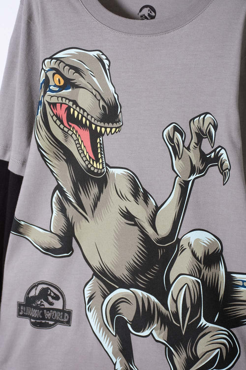 BOY'S JURASSIC WORLD GRAY AND BLACK DOUBLE-SLEEVE T-SHIRT