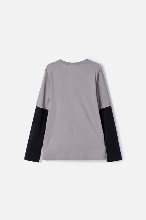 BOY'S JURASSIC WORLD GRAY AND BLACK DOUBLE-SLEEVE T-SHIRT