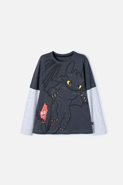 CAMISETA DE CÓMO ENTRENAR A TU DRAGÓN GRIS MANGA LARGA PARA NIÑO