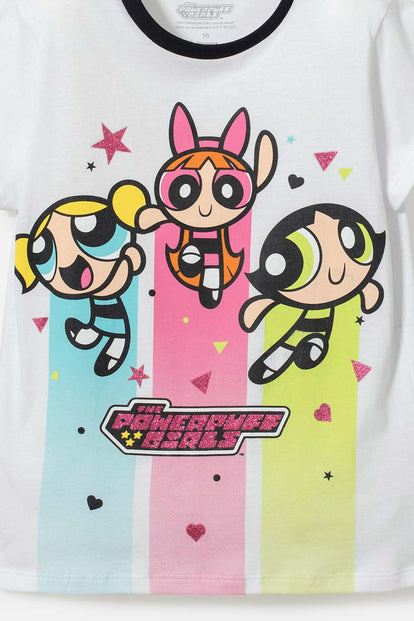 PIJAMA DE LAS CHICAS SUPERPODEROSAS BLANCA Y NEGRA DE PANTALÓN LARGO PARA NIÑA