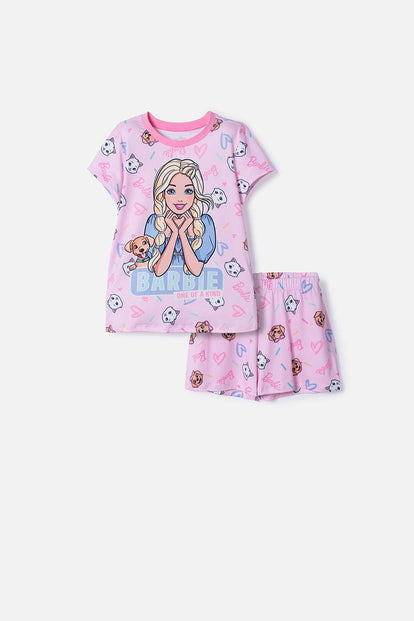 PIJAMA DE BARBIE CON SHORT ROSADO PARA NIÑA