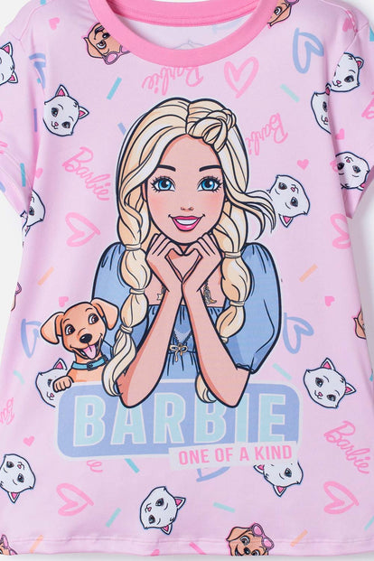PIJAMA DE BARBIE CON SHORT ROSADO PARA NIÑA