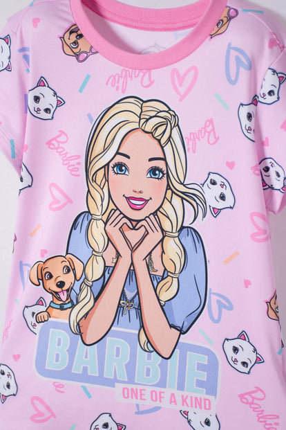 PIJAMA DE BARBIE CON SHORT ROSADO PARA NIÑA