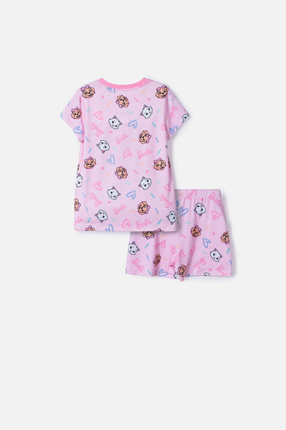 PIJAMA DE BARBIE CON SHORT ROSADO PARA NIÑA