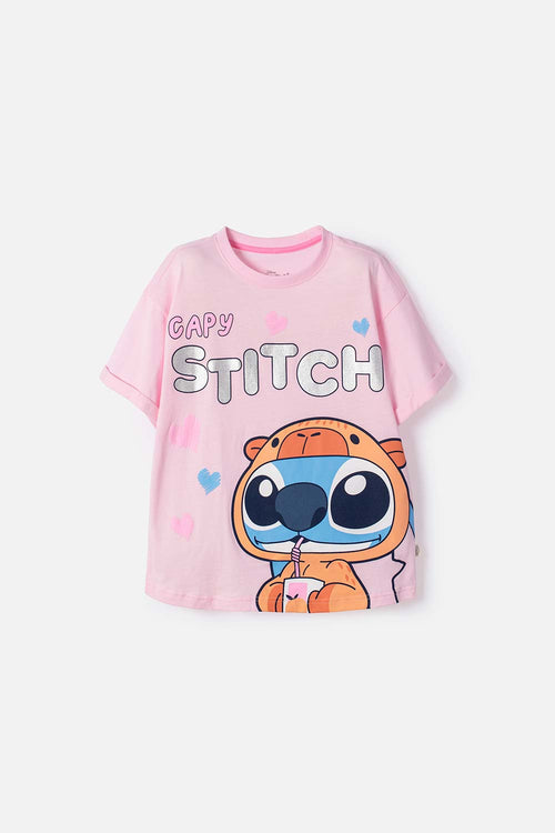 STITCH AND CAPYBARA SHORT SLEEVE PINK T-SHIRT FOR GIRLS