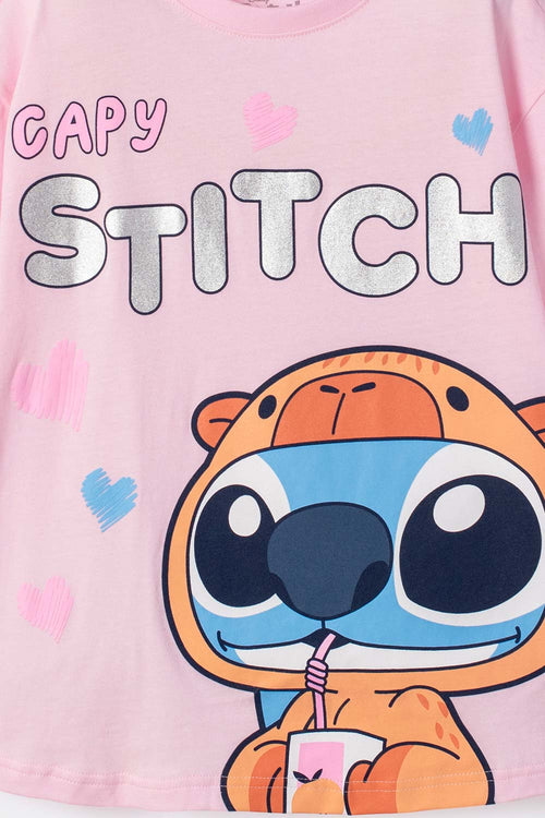 STITCH AND CAPYBARA SHORT SLEEVE PINK T-SHIRT FOR GIRLS
