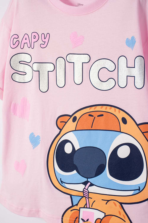 STITCH AND CAPYBARA SHORT SLEEVE PINK T-SHIRT FOR GIRLS