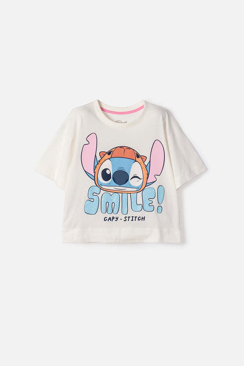 STITCH AND CAPYBARA SHORT-SLEEVE IVORY T-SHIRT FOR GIRL