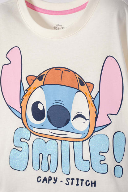 CAMISETA DE STITCH Y CAPYBARA MANGA CORTA MARFIL PARA NIÑA