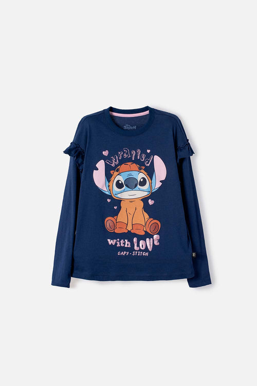 GIRL'S BLUE LONG-SLEEVED STITCH AND CAPYBARA T-SHIRT
